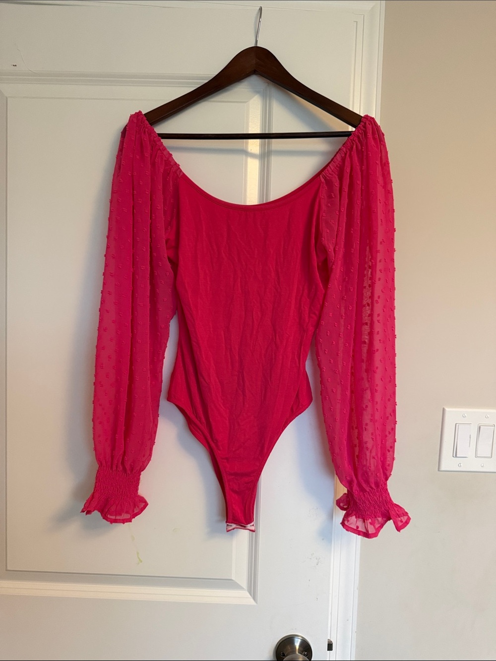 Women’s Puff Sheer Long Sleeve Bodysuit in Hot Pink